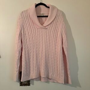 LL Bean Womens Cable Knit Cowl Neck Sweater Pink Size XL 100% Cotton